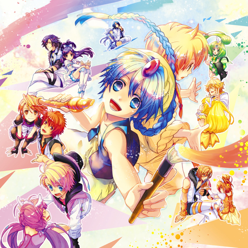 6+girls :o aladdin_(magi) aoki_reika art_brush bad_id bad_pixiv_id black_hair blonde_hair blue_eyes blue_hair braid brown_eyes crossover cure_beauty cure_black cure_happy cure_march cure_peace cure_sunny cure_white double_v futari_wa_precure gloves green_hair hair_bun half_updo hat highres hijirikawa_masato hino_akane_(smile_precure!) hoshizora_miyuki ichinose_tokiya ittoki_otoya jacket jinguuji_ren kise_yayoi kurusu_shou long_hair magi_the_labyrinth_of_magic magical_girl midorikawa_nao misumi_nagisa multiple_boys multiple_crossover multiple_girls ohanaya orange_hair paintbrush pink_hair precure shinomiya_natsuki short_hair skirt smile smile_precure! thighhighs tiara tri_tails twintails uta_no_prince-sama v yukishiro_honoka