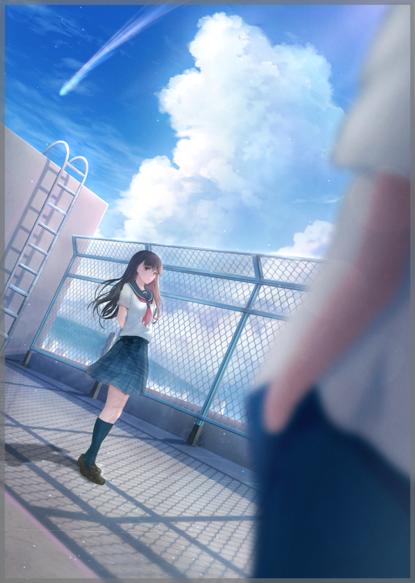 1girl 1other absurdres arms_behind_back black_hair blue_sailor_collar blue_serafuku blue_skirt blue_socks blurry blurry_foreground brown_eyes brown_footwear chain-link_fence cloud comet day fence hands_in_pockets highres keikakuteki_shitsuren_to_wonder_love kneehighs ladder loafers long_hair looking_at_viewer neckerchief outdoors red_neckerchief rooftop sailor_collar school_uniform serafuku shoes shooting_star skirt sky socks soraciel standing