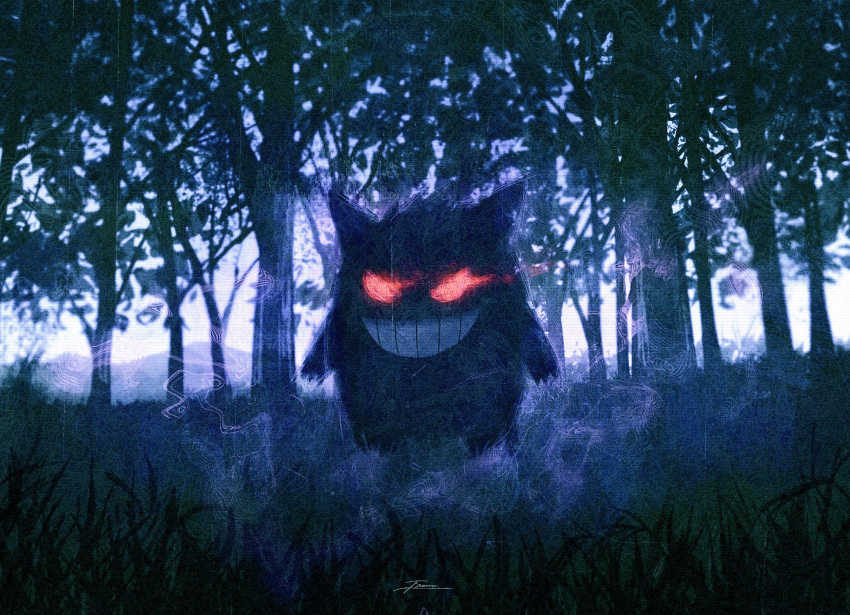 absurdres commentary forest fracoco gengar glowing glowing_eyes grin highres horror_(theme) nature no_humans pokemon pokemon_(creature) red_eyes signature smile smoke solo