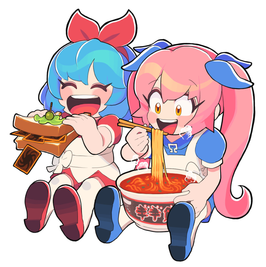 2girls ^_^ apron between_legs blue_bow blue_dress blue_footwear blue_hair blush bow bow_hairband chibi chopsticks closed_eyes commentary_request dress eating food gashi-gashi hair_bow hairband highres holding holding_chopsticks holding_food long_hair looking_at_food multiple_girls multiple_hair_bows noodles omega_rei omega_rio omega_sisters open_mouth outstretched_legs pink_hair puffy_short_sleeves puffy_sleeves ramen red_bow red_footwear red_shirt red_shorts sandwich shirt shoes short_dress short_hair short_sleeves shorts side-by-side simple_background smile steam thighhighs trading_card twintails virtual_youtuber white_apron white_background white_thighhighs yellow_eyes yu-gi-oh!