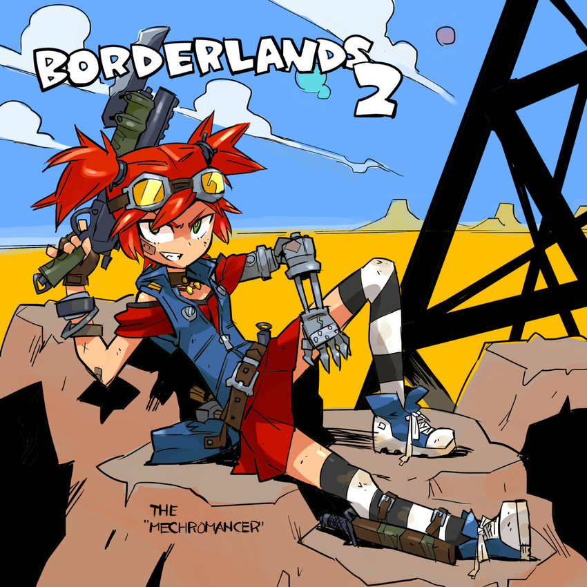 alternate_legwear bandaid bandaid_on_face borderlands borderlands_2 choker gaige gloves goggles green_eyes grin gun highres jewelry necklace red_hair smile solo thighhighs twintails weapon