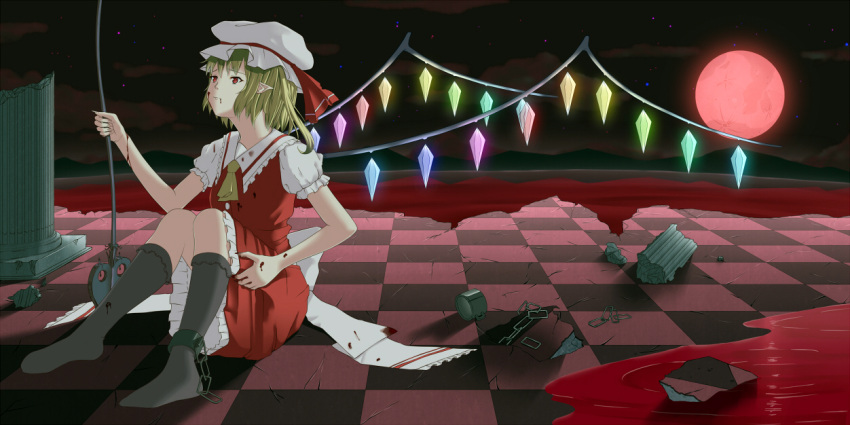 1girl ankle_cuffs ascot black_socks blood blood_on_arm blood_on_clothes chain checkered_floor closed_mouth collared_shirt flandre_scarlet frilled_shirt_collar frilled_skirt frilled_sleeves frills full_body full_moon glowing glowing_wings hand_on_own_thigh hat holding holding_polearm holding_weapon laevatein_(touhou) mob_cap moon multicolored_wings no_shoes omochi_(youmu46) outdoors pointy_ears polearm puffy_short_sleeves puffy_sleeves red_eyes red_moon red_skirt red_vest shirt short_sleeves skirt socks solo touhou vest weapon white_hat white_shirt wings yellow_ascot