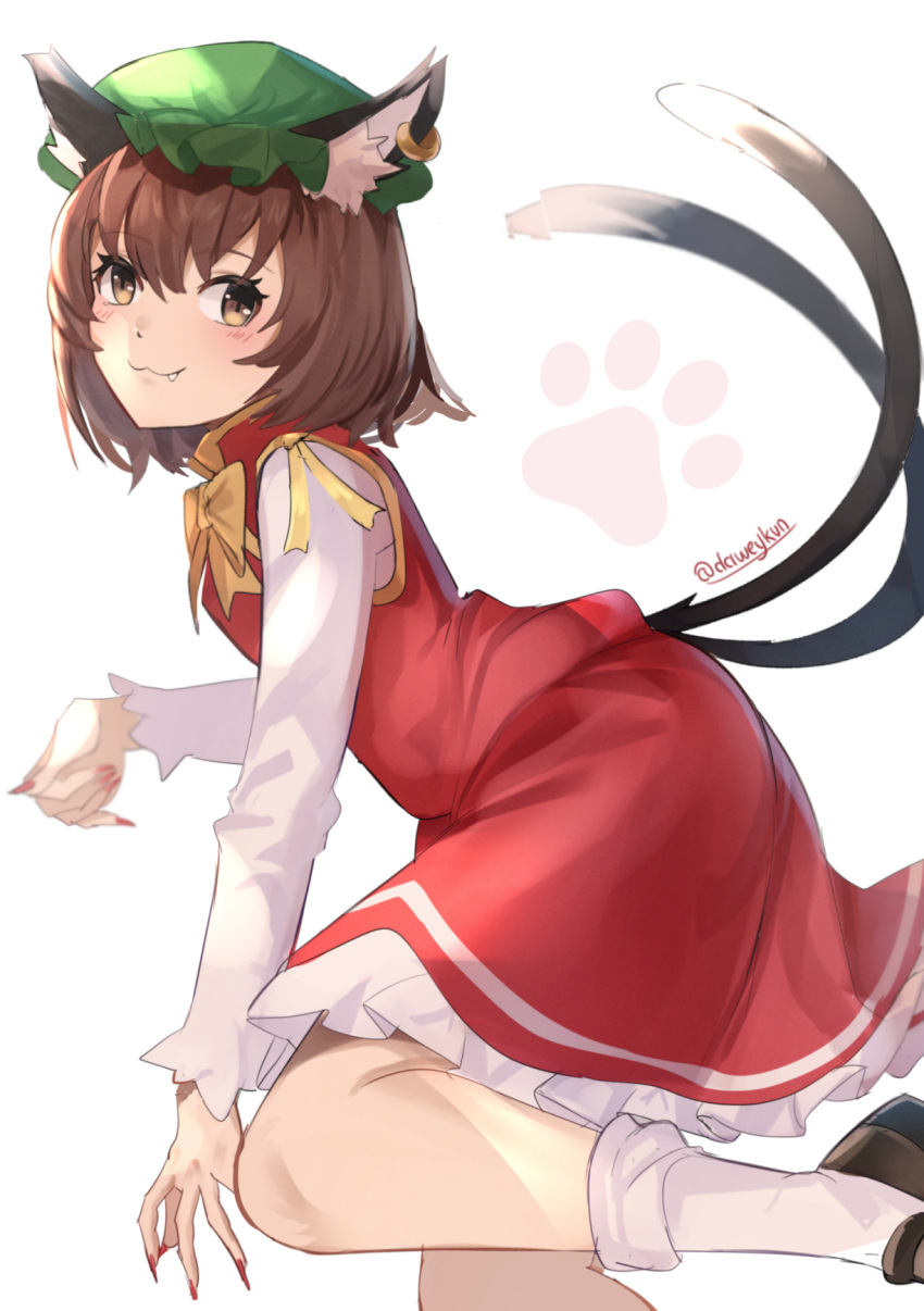 1girl :3 bent_over blush brown_eyes brown_hair cat_tail chen daweykun dress fang fang_out feet_out_of_frame flat_chest from_side gold_trim hat highres leg_up long_sleeves looking_at_viewer looking_to_the_side mob_cap multiple_tails nail_polish nekomata red_dress red_nails simple_background solo tail tail_through_clothes touhou two_tails white_background