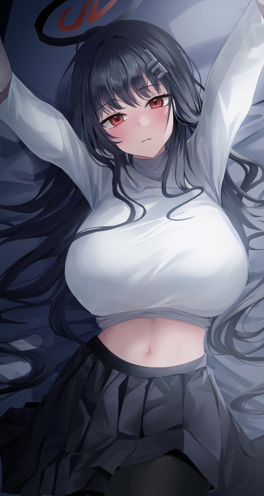 1girl absurdres arms_up black_hair black_skirt blue_archive breasts doka_l hair_ornament highres huge_breasts long_hair looking_at_viewer rio_(blue_archive) shirt skirt stomach sweater turtleneck turtleneck_sweater white_shirt