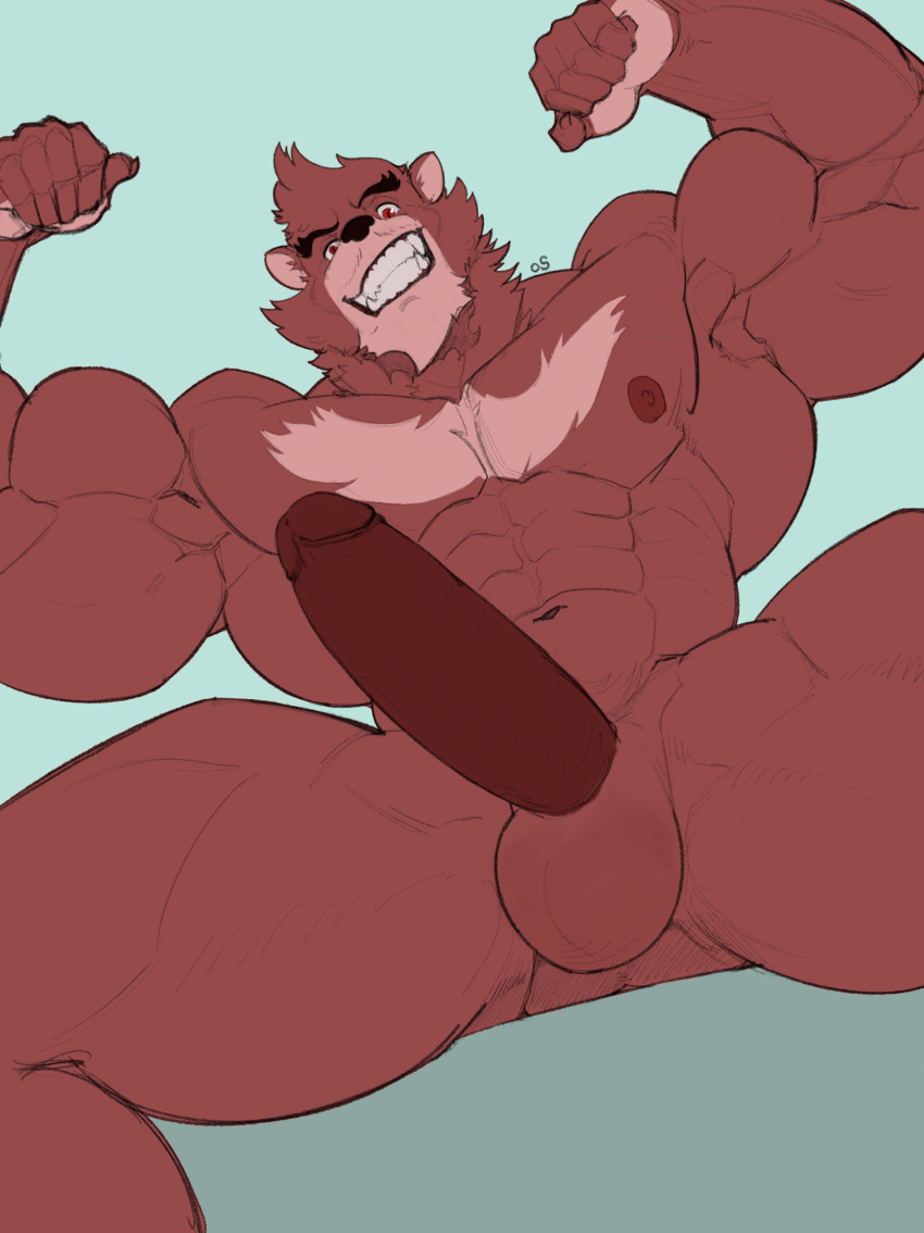 2023 5_fingers anthro balls bear biceps big_muscles big_penis black_nose brown_body brown_fur brown_nipples brown_penis erection eyebrows fingers flexing fur genitals grin hi_res huge_muscles humanoid_genitalia humanoid_penis kumatetsu looking_at_viewer low-angle_view male mammal muscular muscular_anthro muscular_male nipples nude oldshep penis red_eyes simple_background smile solo the_boy_and_the_beast thick_eyebrows