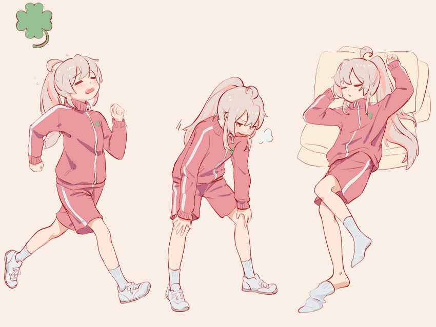 1girl =_= ahoge chinese_commentary clover commentary_request exhausted four-leaf_clover full_body grey_hair hands_on_own_knees heavy_breathing highres jacket leaning_forward legs_apart long_hair long_sleeves lying multicolored_hair no_shoes on_back onii-chan_wa_oshimai! oyama_mahiro pink_hair ponytail red_jacket red_shorts running shoes shorts simple_background sneakers sock_pull socks track_jacket track_suit two-tone_hair white_footwear white_socks ziyan_yi