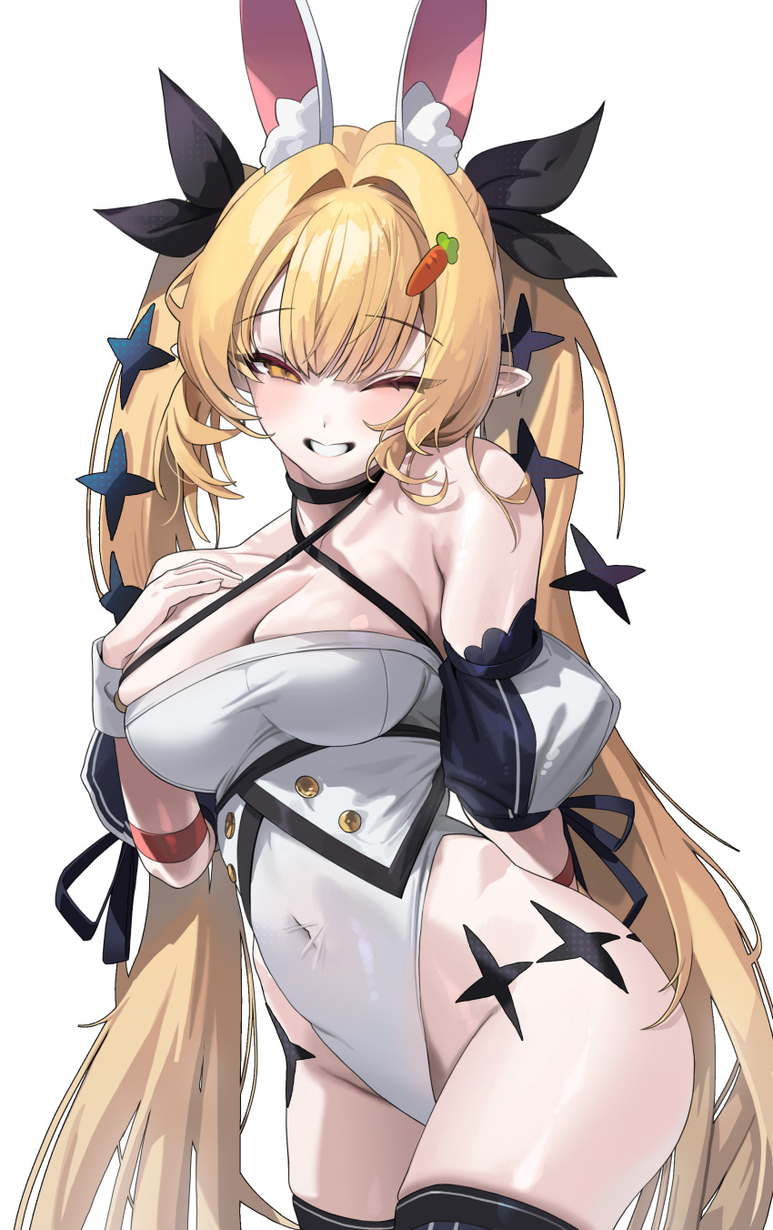 1girl absurdres animal_ears black_choker black_ribbon black_thighhighs blonde_hair breasts choker cleavage commentary covered_navel criss-cross_halter detached_sleeves fake_animal_ears grin hair_intakes hair_ribbon halterneck hand_on_own_chest hand_on_own_hip highleg highleg_leotard highres leotard long_hair looking_at_viewer medium_breasts one_eye_closed original pointy_ears puffy_sleeves rabbit_ears ribbon rie_(kerinyan) rima_(0136) skindentation smile solo symbol-only_commentary thighhighs twintails upper_body white_leotard wrist_cuffs yellow_eyes