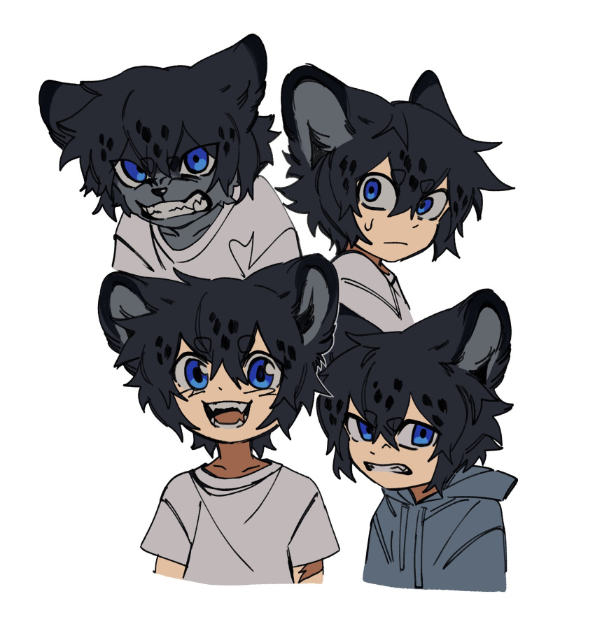 1boy animal_ears black_hair blue_eyes body_fur child clenched_teeth cropped_torso deviidog0 english_commentary fangs furry furry_male grey_fur grey_shirt hair_between_eyes highres hood hoodie lion_ears looking_at_viewer male_focus multiple_views open_mouth original shirt short_eyebrows short_hair short_sleeves simple_background t-shirt teeth white_background