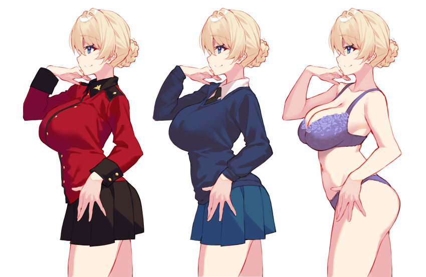 absurdres black_necktie black_skirt blonde_hair blue_bra blue_eyes blue_panties blue_skirt blue_sweater bra braid braided_bun breasts collared_jacket collared_shirt darjeeling_(girls_und_panzer) epaulettes from_side girls_und_panzer hair_between_eyes hair_bun hand_on_own_chin hand_on_own_hip highres jacket kimi_tsuru large_breasts long_sleeves miniskirt multiple_views necktie panties pleated_skirt red_jacket school_uniform shirt simple_background skirt smile st._gloriana's_military_uniform st._gloriana's_school_uniform sweater underwear v-neck white_background white_shirt