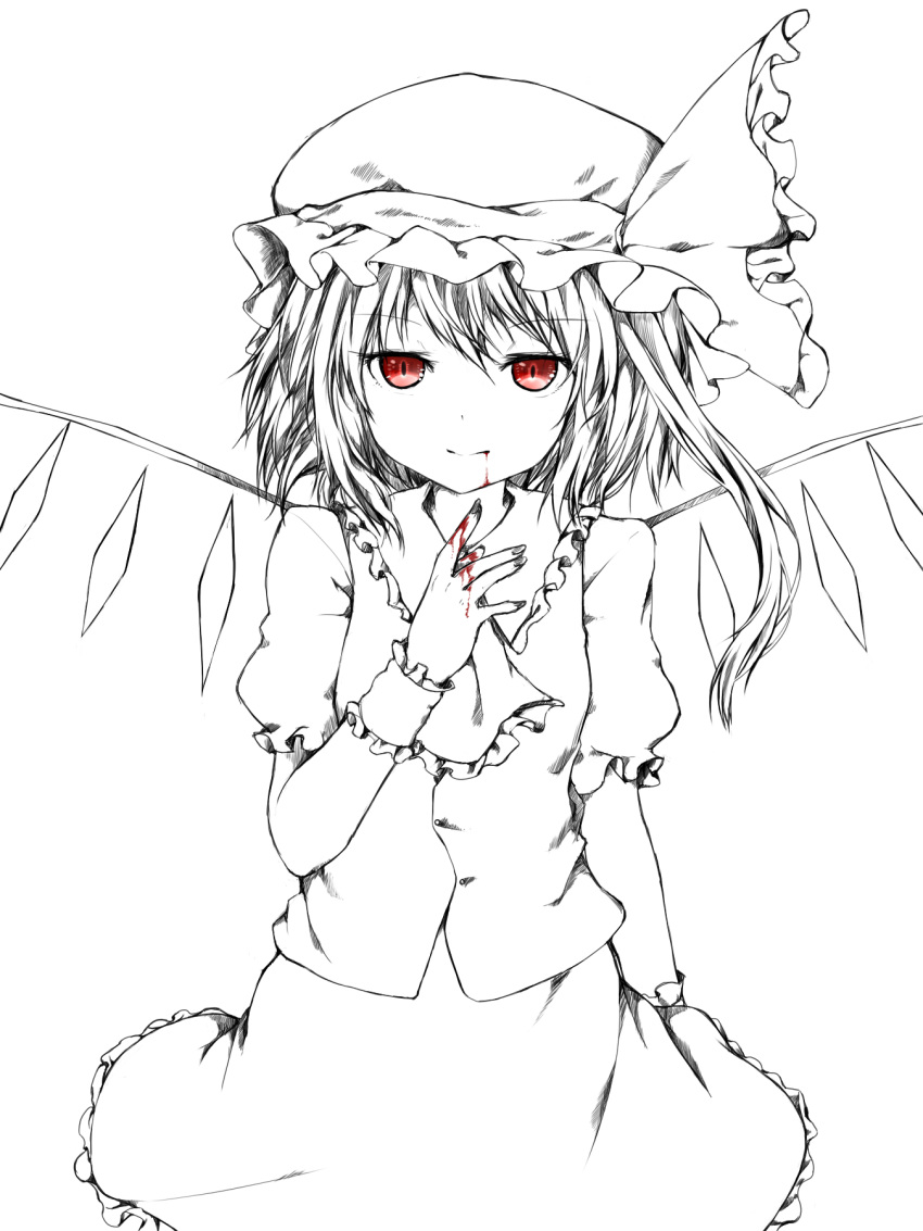 1girl ascot blood blood_from_mouth blood_on_hands closed_mouth cowboy_shot flandre_scarlet frilled_ascot frilled_shirt_collar frilled_skirt frilled_sleeves frills hat hat_ribbon highres light_smile looking_at_viewer medium_hair mob_cap netamaru one_side_up puffy_short_sleeves puffy_sleeves red_eyes ribbon shirt short_sleeves skirt solo spot_color touhou vest wings wrist_cuffs