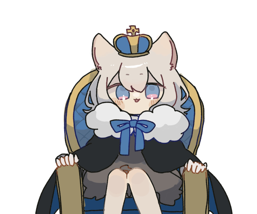 1girl :3 animal_ears arm_rest black_cape black_dress blue_crown blue_eyes blue_ribbon blush cape cat_ears cat_girl chibi crown dress feet_out_of_frame fur-trimmed_cape fur_trim grey_hair indie_virtual_youtuber knees_together_feet_apart looking_at_viewer neck_ribbon open_mouth pink_eyes ribbon sayonaka_(vtuber) sayonaka_megumo short_dress simple_background sitting solo throne two-tone_eyes virtual_youtuber white_background