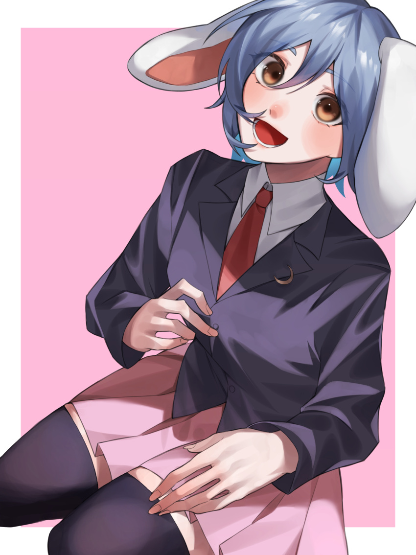 1girl :d absurdres animal_ears black_jacket black_thighhighs blazer blue_hair blush breasts brown_eyes collared_shirt commentary_request crescent crescent_pin dutch_angle fingernails full_body hair_between_eyes highres jacket long_bangs long_sleeves looking_at_viewer lower_teeth_only nasu1225 necktie open_mouth pink_background pink_skirt pleated_skirt rabbit_ears rabbit_girl red_necktie reisen_(touhou_bougetsushou) seiza shirt short_hair simple_background sitting skirt small_breasts smile solo teeth thighhighs touhou two-tone_background white_background white_shirt