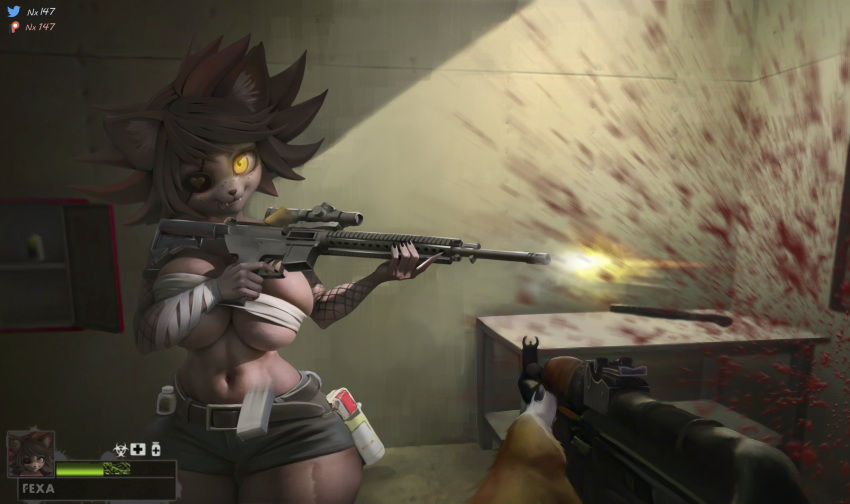absurd_res anthro belt big_breasts blood bodily_fluids breasts canid canine clothed clothing eye_patch eyewear female five_nights_at_freddy's fox foxy_(cally3d) foxy_(fnaf) fredina's_nightclub gameplay_mechanics glowing glowing_eyes gun hi_res holding_gun holding_object holding_ranged_weapon holding_rifle holding_weapon left_4_dead_(series) mammal nx147 ranged_weapon scottgames solo valve weapon yellow_eyes