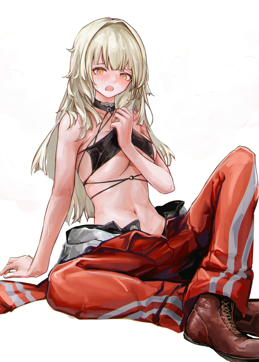 1girl absurdres arm_support blonde_hair blush boots breasts brown_footwear commentary commentary_request cross-laced_footwear embarrassed girls'_frontline girls'_frontline_neural_cloud highres lithographica long_hair looking_at_viewer navel open_mouth orange_eyes orange_pants pants shale_(neural_cloud) simple_background sitting solo stomach striped_clothes striped_pants sweat vertical-striped_clothes vertical-striped_pants white_background