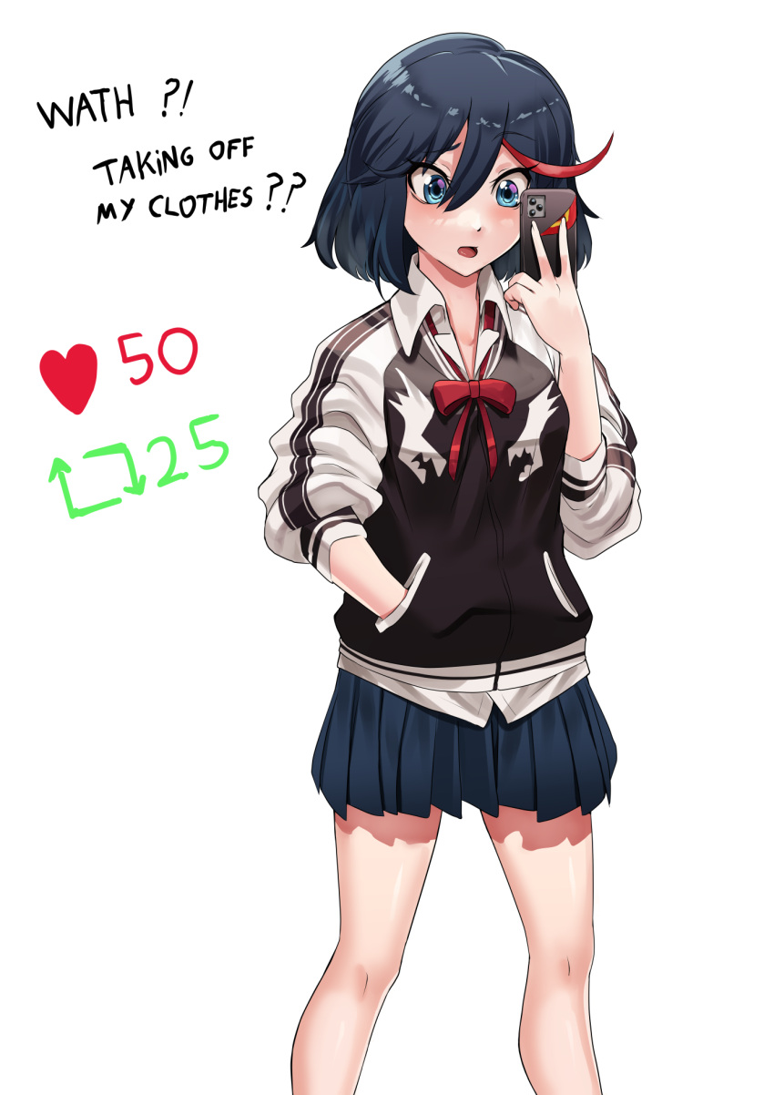 1girl black_hair black_jacket blue_eyes blue_skirt blush bob_cut bow bowtie breasts cellphone collared_shirt commentary commentary_typo dress_shirt english_commentary english_text feet_out_of_frame hair_between_eyes hand_in_pocket hand_up heart highres holding holding_phone jacket kill_la_kill letterman_jacket like_and_retweet long_sleeves looking_at_object looking_at_phone matoi_ryuuko medium_breasts meme multicolored_hair neck_ribbon nico-mo open_mouth phone pleated_skirt raglan_sleeves red_bow red_bowtie red_hair red_ribbon ribbon school_uniform shirt short_hair simple_background skirt smartphone solo standing streaked_hair twitter_strip_game_(meme) two-tone_hair untucked_shirt white_background white_jacket white_shirt