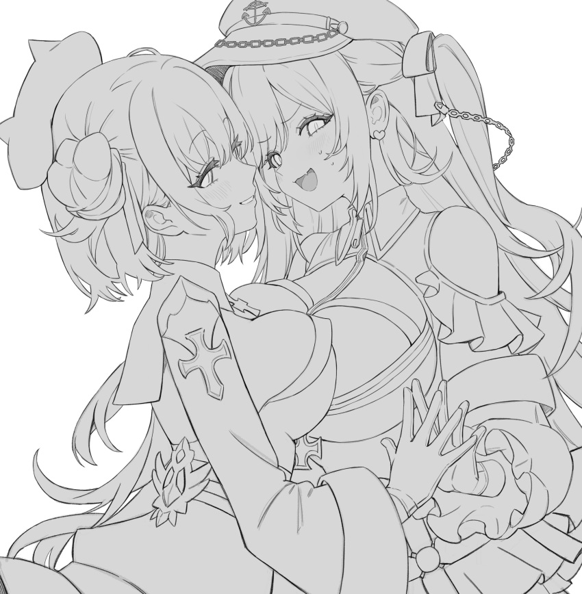 2girls absurdres asymmetrical_docking azur_lane bad_id bad_twitter_id bare_shoulders breast_press breasts chain cross elbe_(azur_lane) fang finger_touching freng frilled_skirt frills from_side gloves greyscale hair_bun hat hat_horns highres iron_cross jade_(azur_lane) large_breasts long_hair long_sleeves looking_at_viewer monochrome multiple_girls open_mouth peaked_cap short_hair sketch skin_fang skirt smile sweatdrop two_side_up