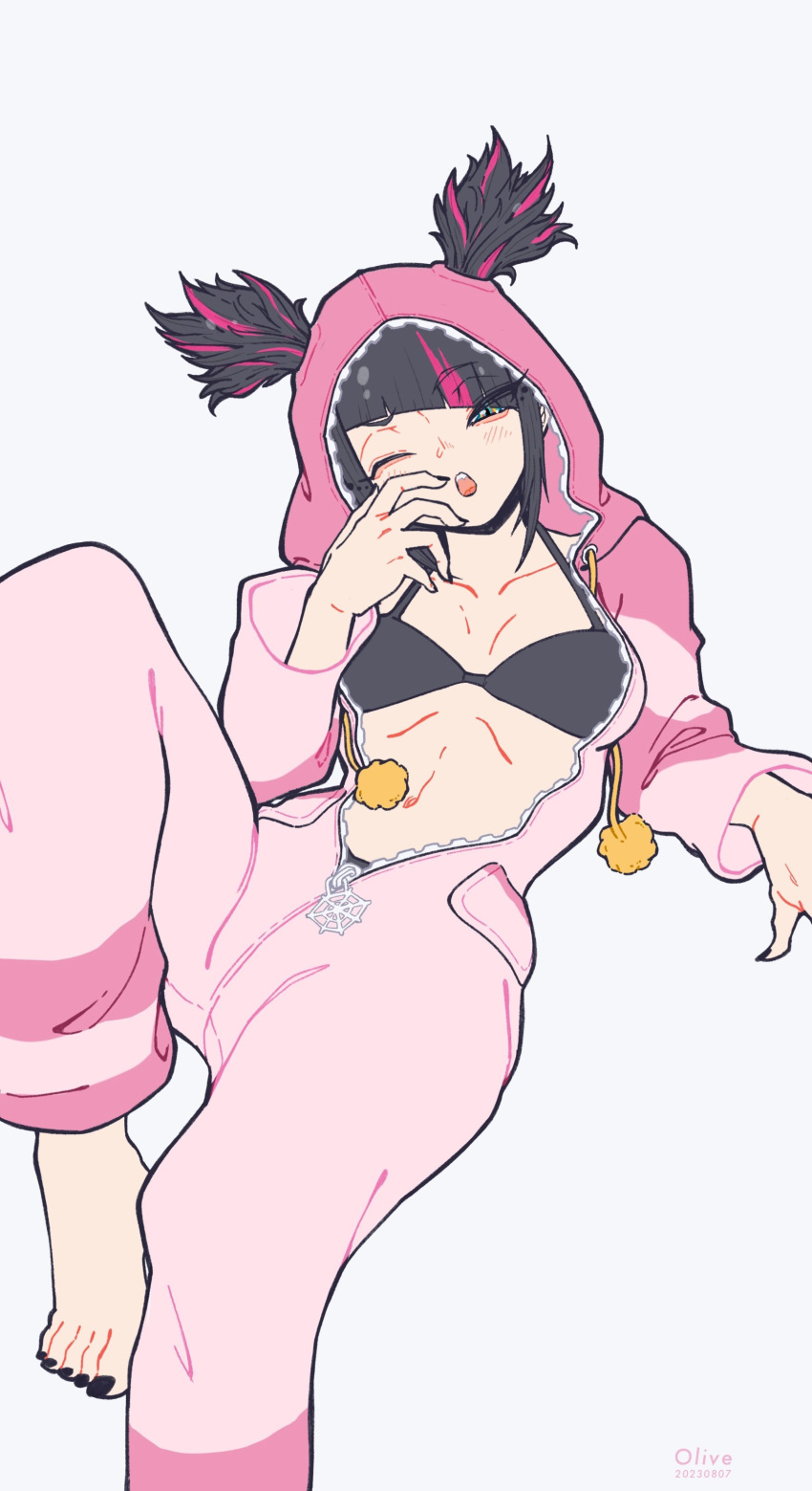 1girl absurdres black_bra black_hair bra breasts drill_hair hair_horns hair_through_hood han_juri highres medium_breasts multicolored_hair nail_polish navel onesie open_pajamas pajamas solo street_fighter street_fighter_6 toeless_legwear tunacan_olive twin_drills underwear