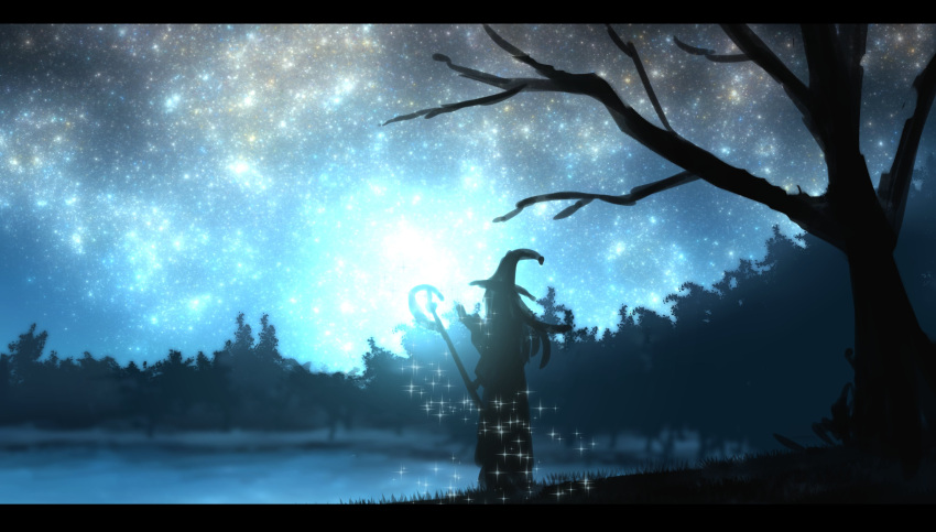 1other absurdres bare_tree forest full_body hat highres holding holding_staff lake letterboxed nature night night_sky original scenery sky solo soraciel sparkle staff standing star_(sky) starry_sky tree witch_hat