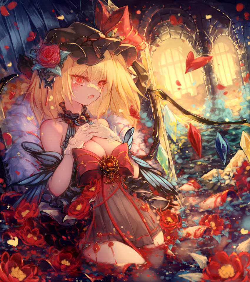 1girl absurdres black_dress black_hat blonde_hair bow breast_suppress breasts butterfly_dress cleavage crystal_wings dress dress_bow flandre_scarlet hat highres medium_breasts mob_cap open_mouth red_eyes seelehan sleeveless sleeveless_dress slit_pupils solo touhou vampire wading