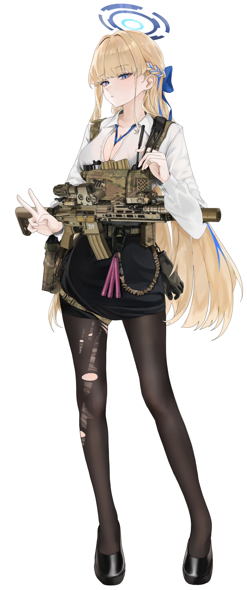 1girl absurdres armor black_footwear black_pantyhose black_skirt blonde_hair blue_archive blue_halo braid breasts cleavage fte_(fifteen_199) full_body gun hair_ornament halo high_heels highres holding holding_gun holding_weapon long_hair long_sleeves looking_at_viewer magazine_(weapon) medium_breasts military pantyhose pencil_skirt pouch shirt simple_background skirt solo standing tactical_clothes toki_(blue_archive) torn_clothes torn_pantyhose v very_long_hair weapon white_background white_shirt