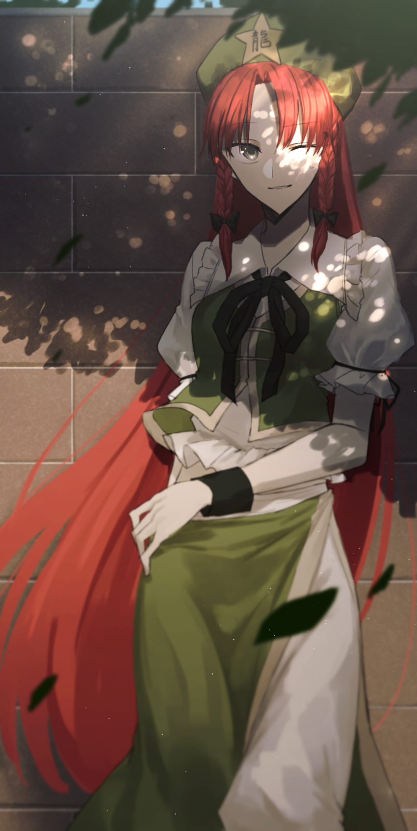 1girl against_wall beret black_ribbon braid breasts collared_shirt dappled_sunlight day frilled_shirt_collar frilled_sleeves frills green_hat green_skirt green_vest hat hat_ornament highres hong_meiling long_hair looking_at_viewer neck_ribbon one_eye_closed otoshiro_kosame outdoors puffy_short_sleeves puffy_sleeves ribbon shirt short_sleeves skirt small_breasts solo star_(symbol) star_hat_ornament sunlight touhou twin_braids very_long_hair vest white_shirt