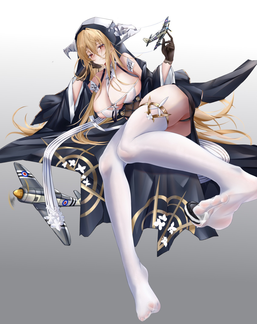 1girl aircraft aircraft_request airplane azur_lane bare_shoulders between_breasts black_panties breast_cutout breasts brown_gloves cleavage commentary_request fake_horns full_body gloves grey_background habit hand_on_own_cheek hand_on_own_face highres holding horns huge_breasts implacable_(azur_lane) iue_(artist) long_hair long_hair_between_eyes looking_at_viewer lying nun on_side panties pelvic_curtain red_eyes revealing_clothes simple_background skindentation soles solo thighhighs thong two-tone_dress underwear very_long_hair white_horns white_thighhighs