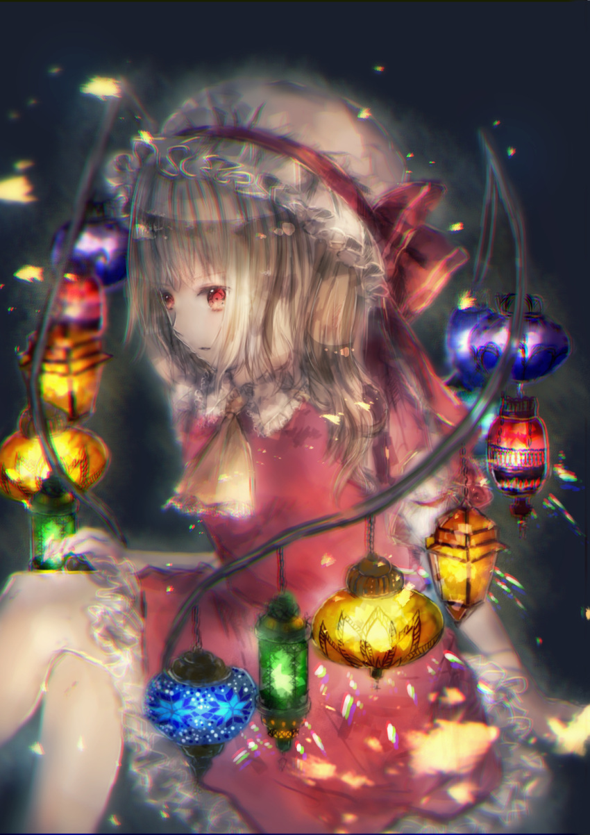 1girl alternate_wings ascot blonde_hair chromatic_aberration dark_background feet_out_of_frame flandre_scarlet frilled_skirt frills from_side glowing glowing_wings hat hat_ribbon highres lantern medium_hair mob_cap nail_polish one_side_up red_eyes red_nails red_ribbon red_skirt red_vest ribbon shimekake simple_background skirt solo touhou vest white_hat wings yellow_ascot