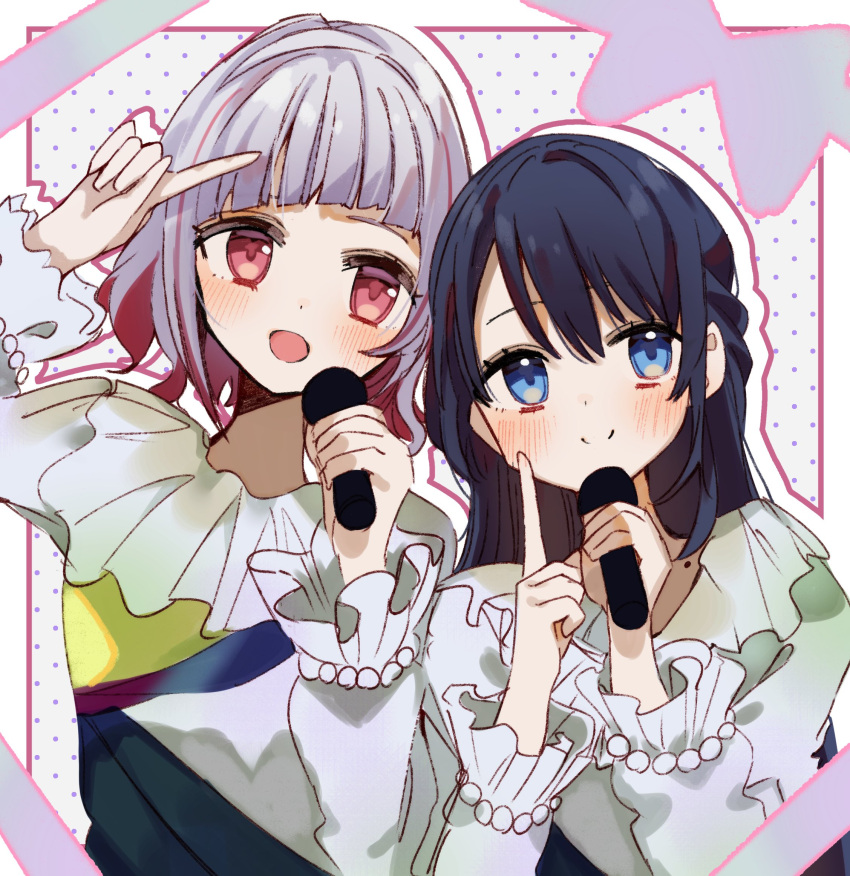 2girls :d arm_up asymmetrical_bangs black_dress blue_dress blush bob_cut border closed_mouth colored_inner_hair commentary_request diagonal_bangs dollchestra dress drop_shadow frilled_dress frilled_sleeves frills grey_background grey_hair hands_up highres holding holding_microphone index_finger_raised inset_border inverted_bob link!_like!_love_live! long_sleeves looking_at_viewer looking_to_the_side love_live! microphone multicolored_clothes multicolored_dress multicolored_hair multiple_girls murano_sayaka nagisa_iori open_mouth outside_border polka_dot polka_dot_background purple_background red_eyes red_hair short_hair sideways_glance smile split_mouth streaked_hair virtual_youtuber white_border white_dress yellow_dress yugiri_tsuzuri