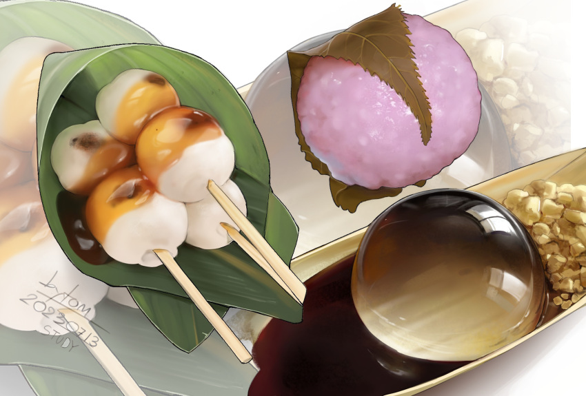 dango dated food food_focus food_request highres leaf no_humans original shadow signature still_life tom23579 tsukimi_dango wagashi zoom_layer