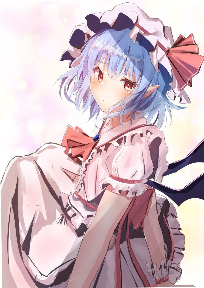 1girl absurdres ascot bat_wings blue_hair blush commentary_request hat hat_ribbon highres looking_at_viewer mob_cap pink_hat pink_shirt pink_skirt pointy_ears red_ascot red_eyes red_ribbon remilia_scarlet ribbon shanonon shirt short_hair short_sleeves skirt solo touhou wings