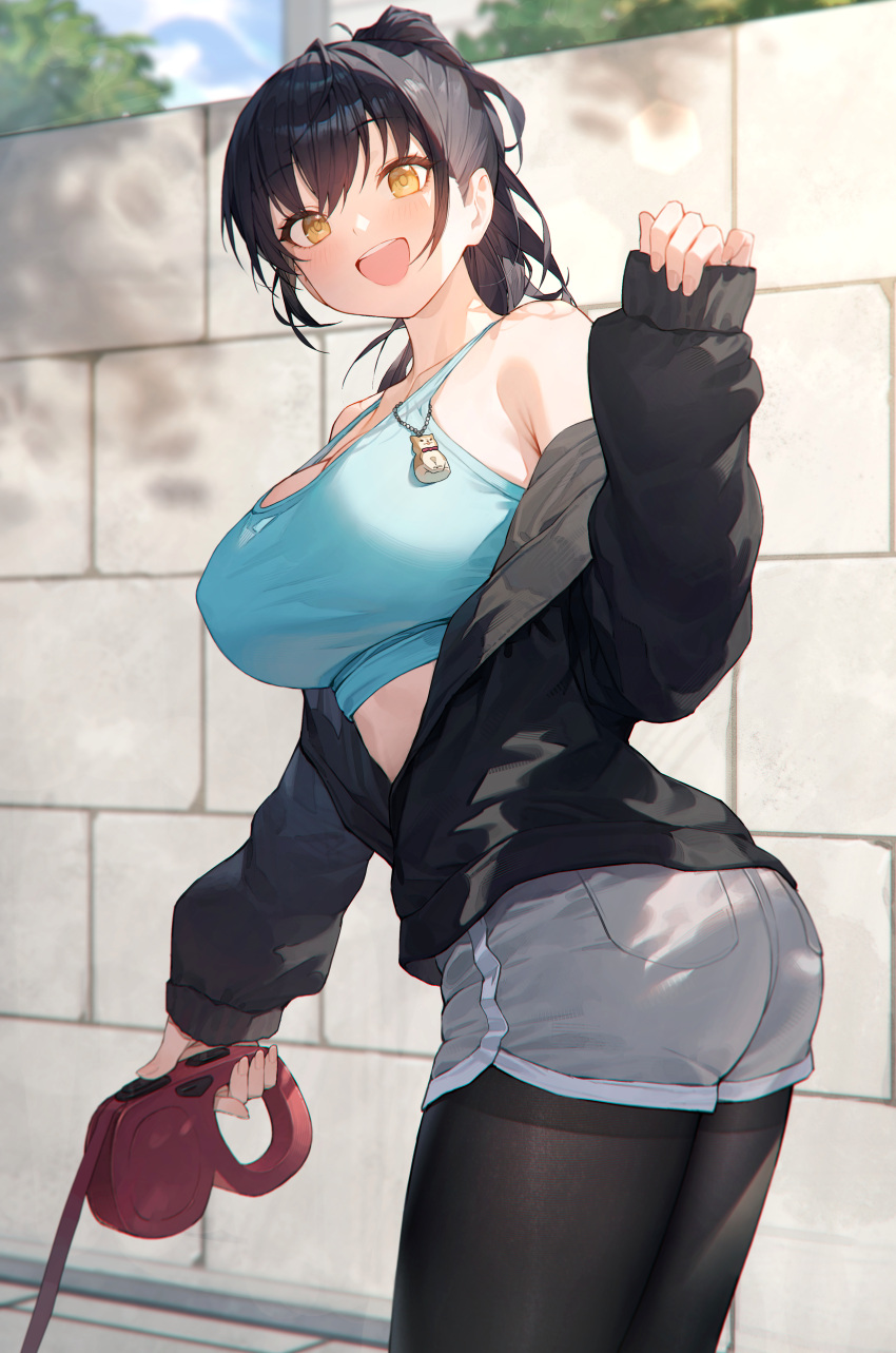 1girl :d absurdres ass bare_shoulders black_hair black_jacket black_pantyhose blue_sports_bra boku_no_kokoro_no_yabai_yatsu breasts brown_eyes charm_(object) commentary_request dolphin_shorts grey_shorts highres holding holding_leash jacket large_breasts leash long_hair looking_at_viewer off_shoulder outdoors pantyhose pantyhose_under_shorts partially_unzipped ponytail shorts sishui_liuyue smile solo sports_bra yamada_anna