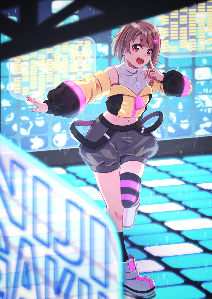 1girl asymmetrical_legwear black_socks blurry blurry_foreground brown_hair collarbone commentary_request copyright_name cropped_jacket finger_to_cheek full_body go_our_way! grey_shorts highres jacket jewelry long_sleeves looking_at_viewer love_live! love_live!_nijigasaki_high_school_idol_club macken midriff multicolored_clothes multicolored_jacket nakasu_kasumi navel open_mouth outstretched_arm red_eyes ring shoes short_hair shorts single_thighhigh socks solo standing standing_on_one_leg striped_clothes striped_thighhighs thighhighs triangle_hair_ornament uneven_legwear white_footwear yellow_jacket zipper