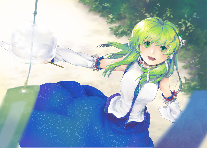bad_id bad_pixiv_id blush breasts detached_sleeves embellished_costume frog_hair_ornament gohei green_eyes green_hair hair_ornament hair_tubes jit kochiya_sanae long_hair medium_breasts open_mouth skirt smile snake snake_hair_ornament solo touhou tree wind_chime