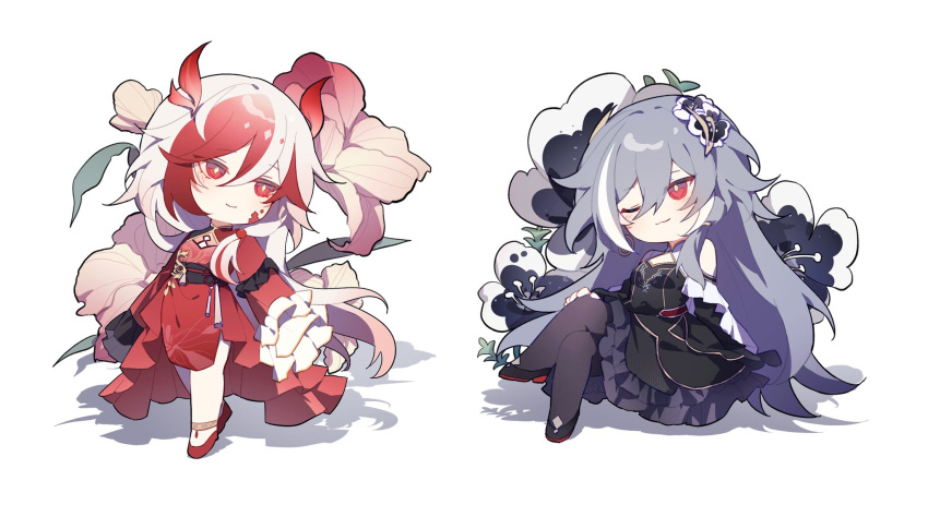 2girls black_footwear chibi closed_mouth dress flower fu_hua fu_hua_(fenghuang_of_vicissitude) fu_hua_(herrscher_of_sentience) full_body grey_hair hair_between_eyes hair_flower hair_ornament haruka_(rsyaooooo) highres honkai_(series) honkai_impact_3rd long_hair long_sleeves multicolored_hair multiple_girls pantyhose red_eyes red_hair red_scales shadow sitting smile streaked_hair two-tone_hair white_background white_hair yellow_pupils