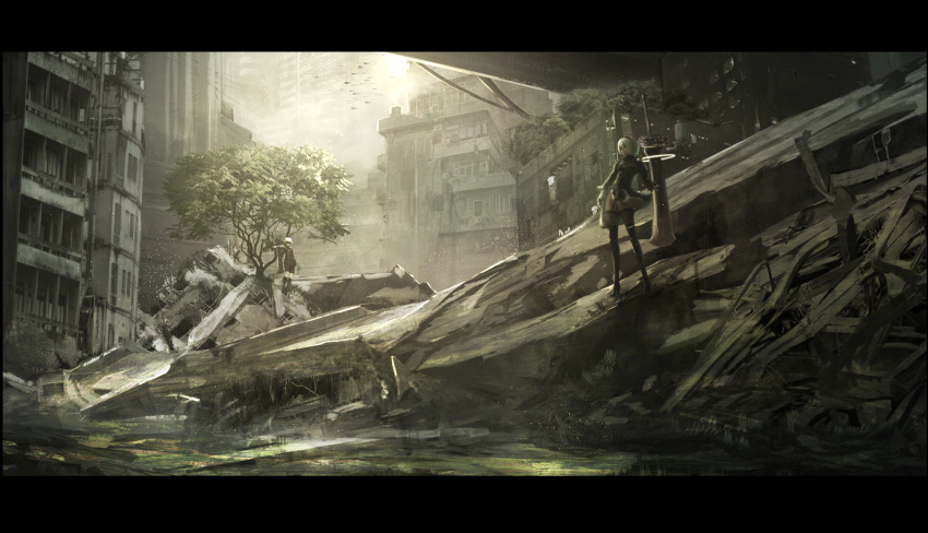 1boy 1girl 2b_(nier:automata) 9s_(nier:automata) black_dress black_shirt black_shorts black_thighhighs city dress floating floating_object floating_sword floating_weapon highres letterboxed nier:automata nier_(series) ruins scenery shirt shorts soraciel standing sword sword_behind_back thighhighs tree weapon white_hair