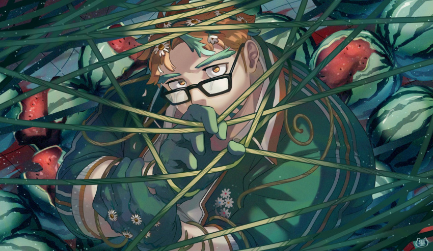 1boy bara black-framed_eyewear brown_hair covered_mouth facial_hair florakinesis flower food fruit glasses gloves goatee green_gloves green_hair green_jacket hair_flower hair_ornament highres hippolytus_(housamo) jacket looking_at_viewer looking_over_eyewear male_focus medium_sideburns multicolored_hair plant plump serious short_hair sideburns_stubble solo streaked_hair stubble sumi_wo_hakuneko thick_eyebrows tile_floor tiles tokyo_afterschool_summoners track_jacket two-tone_beard upper_body vines watermelon white_flower