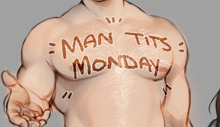 1boy aliiwa bara body_writing head_out_of_frame highres image_macro_(meme) large_pectorals male_focus meme muscular muscular_male nipples offering_hand original pectorals solo thick_chest_hair thick_navel_hair upper_body