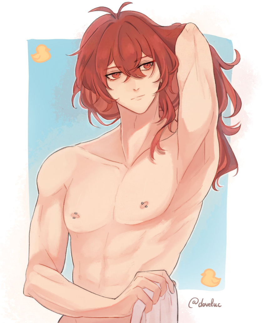 1boy bird closed_mouth diluc_(genshin_impact) doveluc duck genshin_impact hair_between_eyes highres long_hair male_focus nipple_piercing nipples piercing red_eyes red_hair solo topless_male twitter_username