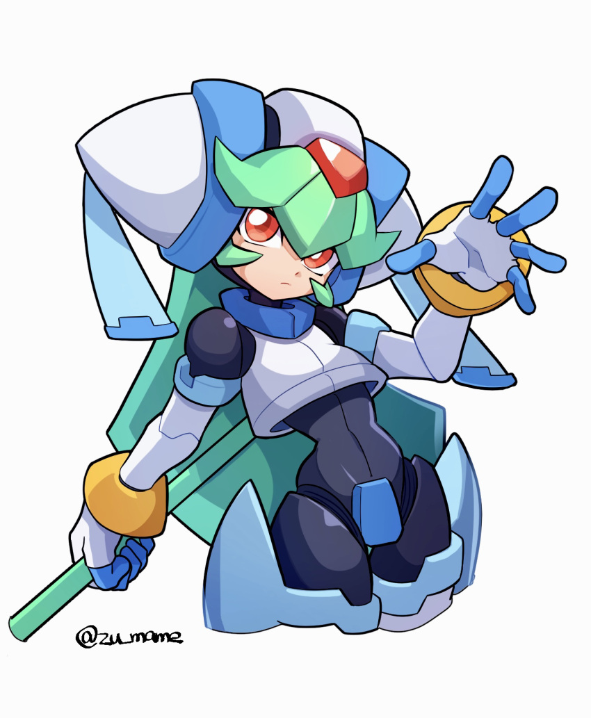 1girl armor black_bodysuit bodysuit cowboy_shot crop_top crotch_plate green_hair helmet highres holding holding_staff long_hair looking_at_viewer mega_man_(series) mega_man_zx model_w_(mega_man) omeehayo pandora_(mega_man) power_armor red_eyes simple_background solo staff twitter_username white_armor white_background white_helmet