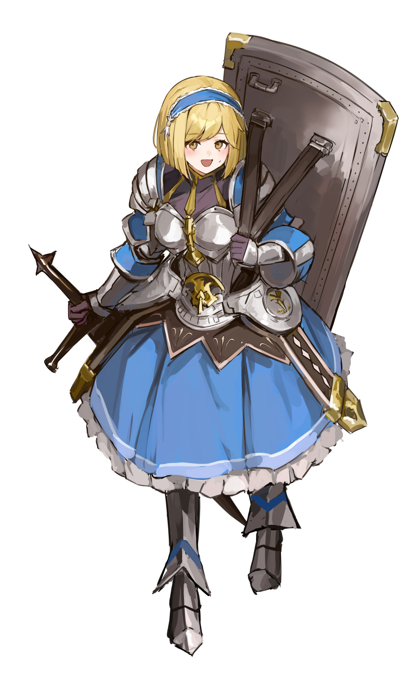 1girl :d absurdres armor armored_dress blonde_hair blue_dress blue_hairband blush breastplate brown_eyes carrying_over_shoulder djeeta_(granblue_fantasy) dress frilled_dress frills full_body gauntlets granblue_fantasy hairband highres holding holding_shield holding_sword holding_weapon long_bangs long_dress looking_at_viewer open_mouth pauldrons pleated_dress sabaton shield shiro_wa_(shiroshironix) shoulder_armor sidelocks smile solo sweatdrop sword weapon