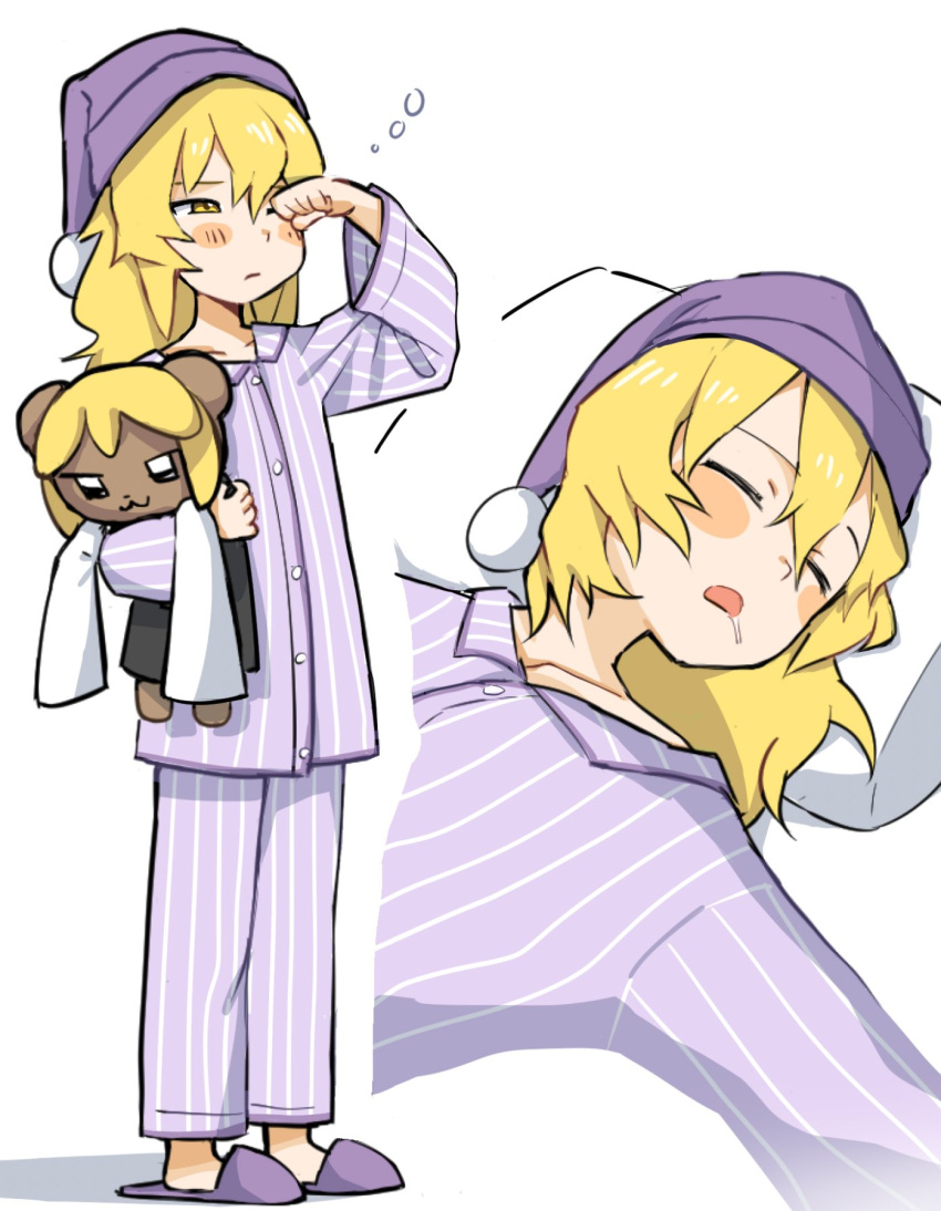 1boy blonde_hair character_doll closed_mouth commentary_request cookie_(touhou) full_body hair_between_eyes hat highres kirisame_marisa long_bangs long_hair male_focus nightcap open_mouth pajamas pants pom_pom_(clothes) pura_(aiueo256375) purple_hat purple_pants purple_shirt rei_(cookie) rubbing_eyes shirt sleeping sleepy squeans striped_clothes striped_pants striped_shirt touhou vertical-striped_clothes vertical-striped_pants vertical-striped_shirt yuuhi_(cookie)