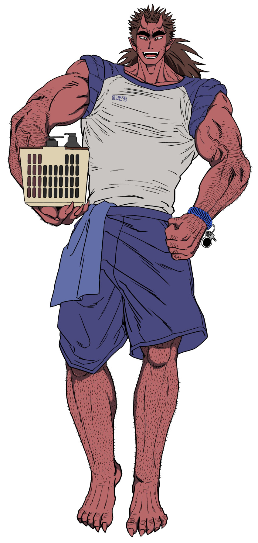 1boy absurdres bad_id bad_twitter_id balnom bara brown_hair carrying carrying_under_arm colored_skin facial_hair full_body hairy hand_hair highres horns huge_eyebrows knuckle_hair large_pectorals long_hair long_sideburns looking_at_viewer male_focus mature_male muscular muscular_male nude oni original pectorals portrait red_oni red_skin sanpaku sharp_toenails sideburns sideburns_stubble skin-covered_horns solo stubble tachi-e thick_arm_hair thick_leg_hair tied_sleeves toenails tsurime veins veiny_arms