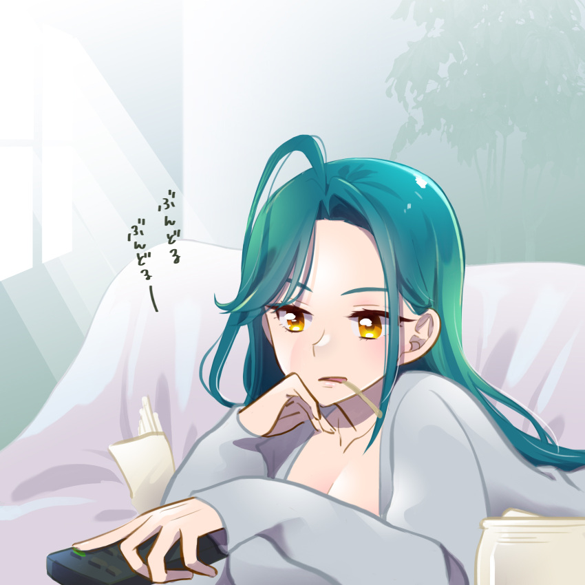 breasts cardigan controller couch delicious_party_precure green_hair highres long_hair nekoko_(nekonekonya) open_cardigan open_clothes precure relaxing remote_control secretoru_(precure)