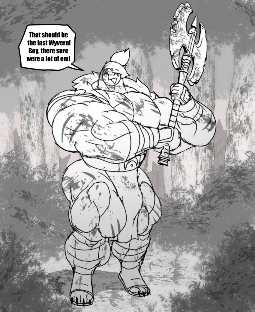 anthro avian axe big_muscles big_pecs bird blood bodily_fluids bottomwear bulge character_request clothing feet forest greyscale hair happy head_tuft hi_res huge_muscles loincloth male monochrome muscular muscular_anthro muscular_male muscular_thighs owl parttimeyeen_(artist) pecs plant ponytail smile solo toes tree tuft