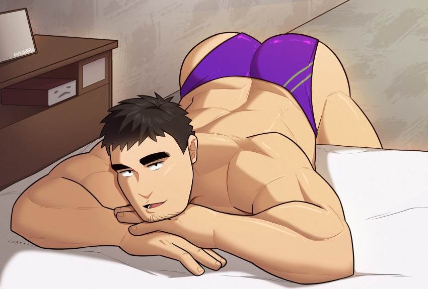 1boy adapted_costume ass bara black_hair briefs facial_hair goatee_stubble highres male_focus male_underwear mature_male muscular muscular_male presenting presenting_ass purple_male_underwear second-party_source senpai_ga_uzai_kouhai_no_hanashi short_hair sideburns solo stubble takeda_harumi_(shiromanta) thick_eyebrows top-down_bottom-up topless_male underwear vvulfbara