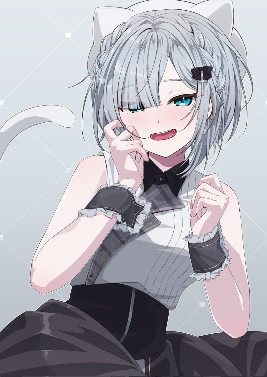 1girl :d animal_ears argyle_background bare_shoulders beret black_bow black_skirt black_wrist_cuffs blue_eyes blush bow braid cat_ears cat_girl cat_tail cowboy_shot crown_braid ears_through_headwear grey_background grey_hair hair_bow hair_intakes hand_on_own_cheek hand_on_own_face hands_up hat high-waist_skirt highres kaga_sumire looking_at_viewer lupinus_virtual_games open_mouth parted_bangs ribbed_shirt shirt short_hair sidelocks simple_background skirt sleeveless sleeveless_shirt smile solo tail teeth upper_teeth_only virtual_youtuber vspo! white_hat white_shirt wrist_cuffs