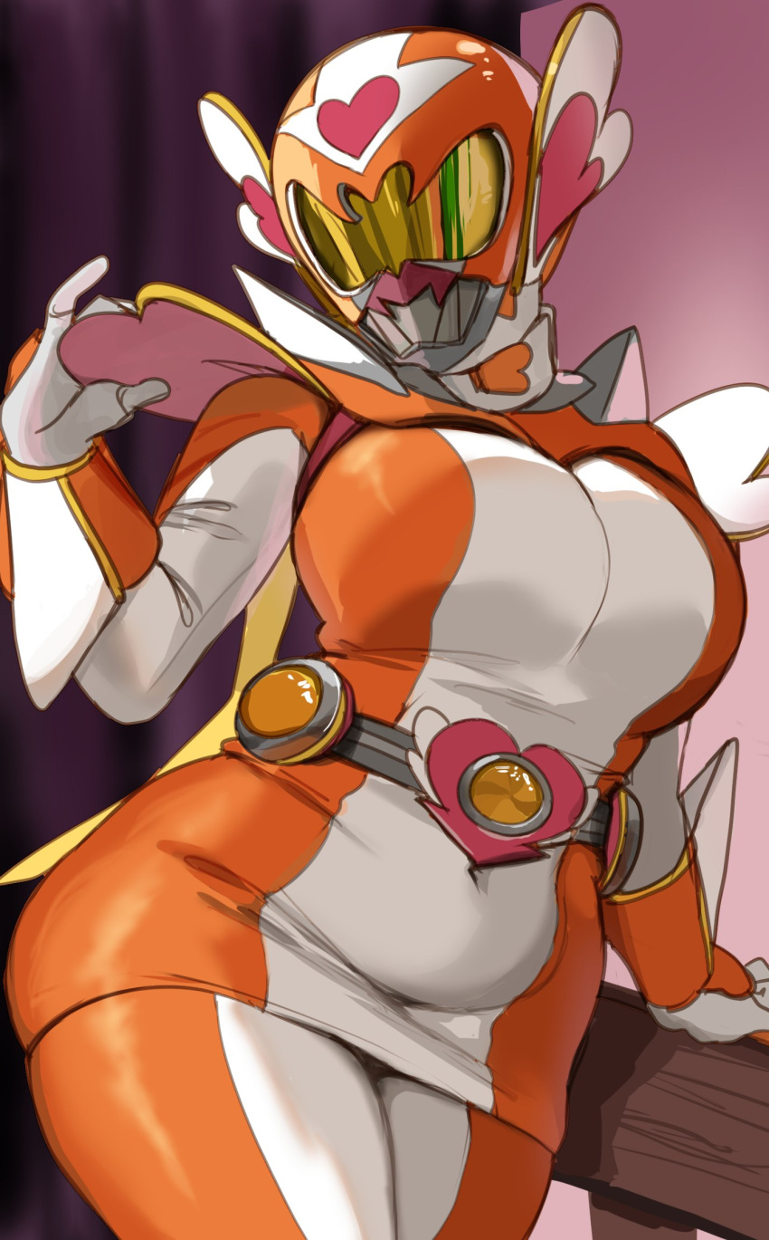 1girl arm_support belt breasts character_request cleavage copyright_request covered_navel cowboy_shot dress gloves gradient_background heart helmet highres large_breasts leaning_to_the_side lightsource orange_dress orange_helmet pink_background plump purple_background skin_tight solo thick_thighs thighs two-tone_dress white_gloves