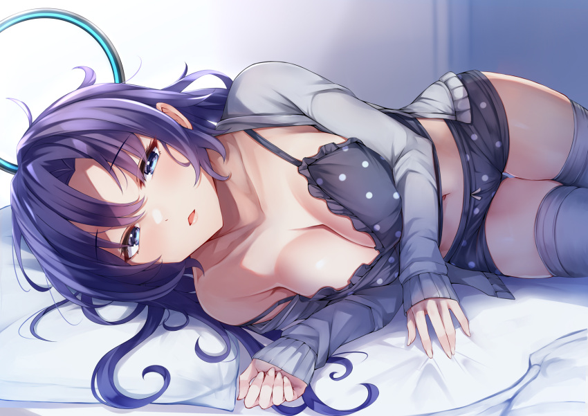 1girl black_camisole black_shorts blue_archive blue_eyes breasts camisole cardigan grey_sweater grey_thighhighs hair_down halo highres irohara large_breasts long_hair long_sleeves looking_at_viewer lying mechanical_halo navel on_side open_cardigan open_clothes polka_dot polka_dot_camisole polka_dot_shorts purple_hair shorts solo sweater thighhighs yuuka_(blue_archive)