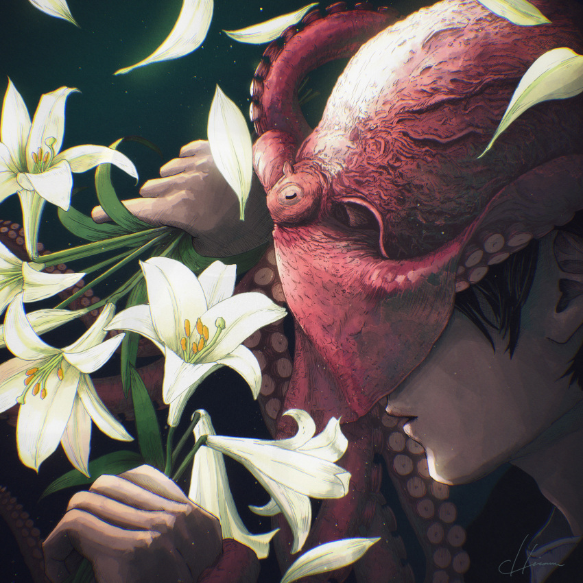 absurdres animal_focus black_background black_hair flower hand_up highres hiromumaru holding holding_flower leaf octopus original parted_lips petals signature solo suction_cups tentacles white_flower