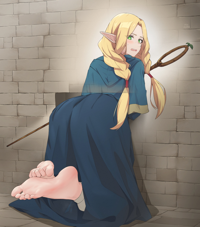 1girl absurdres barefoot blonde_hair blue_capelet blue_robe blush braid capelet dungeon_meshi elf eyelashes feet foot_focus forehead foreshortening full_body green_eyes hair_tubes highres holding holding_staff kneeling looking_at_viewer looking_back marcille_donato open_mouth parted_bangs pointy_ears robe shadow shijinconghua soles staff sweatdrop through_wall toe_scrunch toenails toes twin_braids